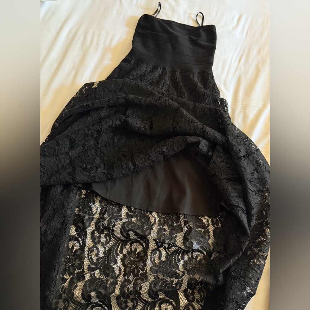 Bebe Black Lace Maxi Dress Bandage Knit Spaghetti Strap - Like New
